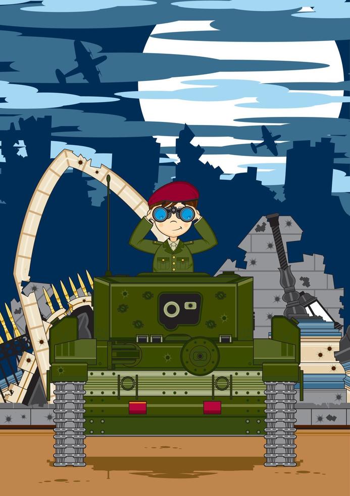 Cute Cartoon Army Soldier with Binoculars in Armoured Tank Military History Illustration vector