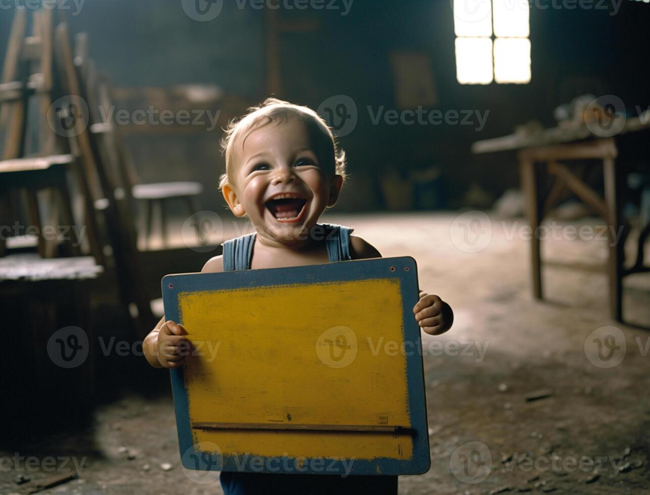 illustration of a little blonde euro boy with a happy expression and holding a board , photo