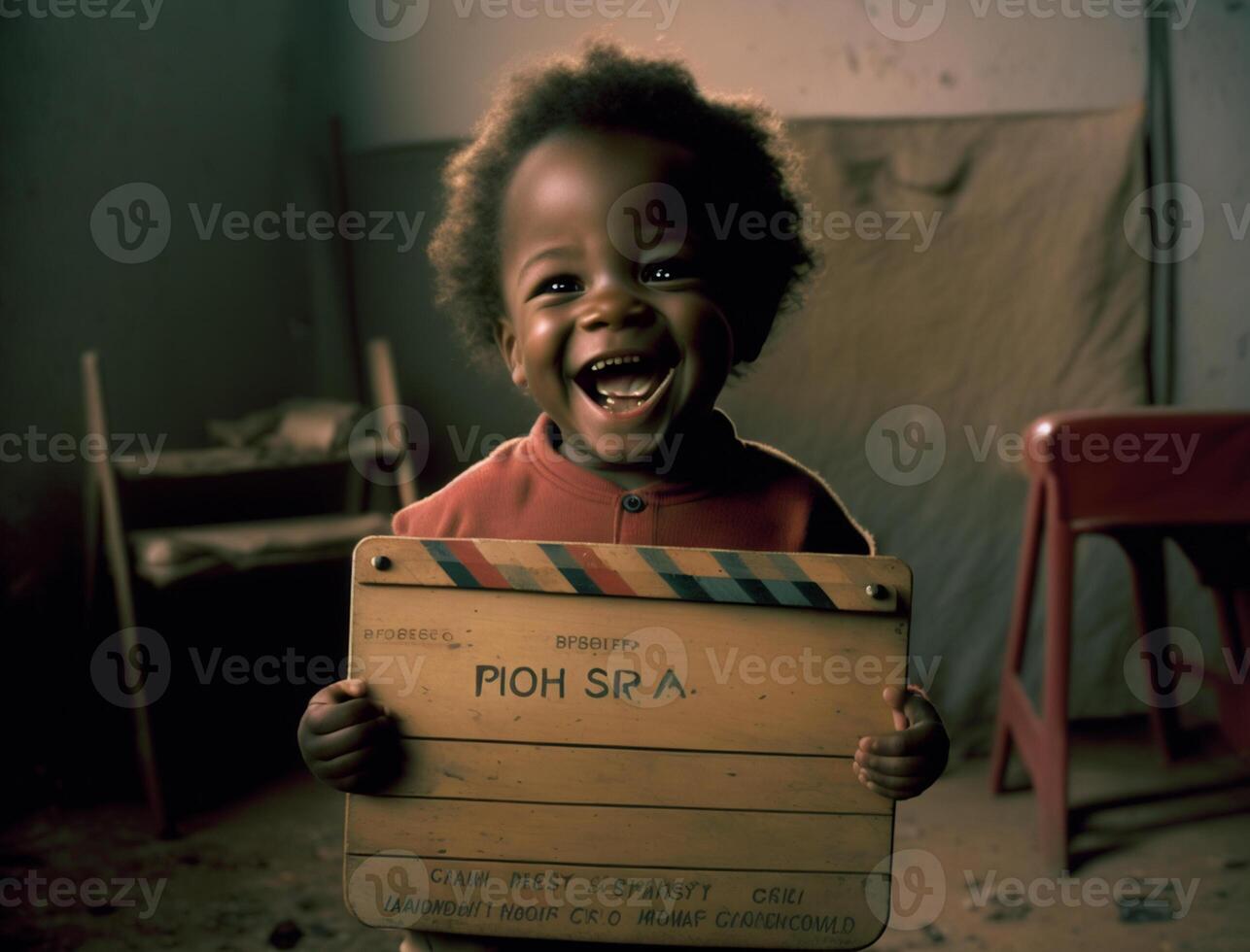 ultra realistic illustration of a little africa boy with a happy expression and holding a board , photo