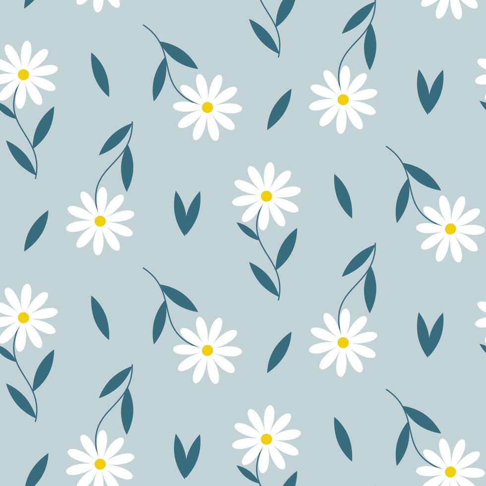 Seamless pattern of hand drawn retro style daisy flowers on isolated blue background. Design for springtime, Mothers day, Easter celebration, scrapbooking, nursery decor, home decor, paper crafts. vector