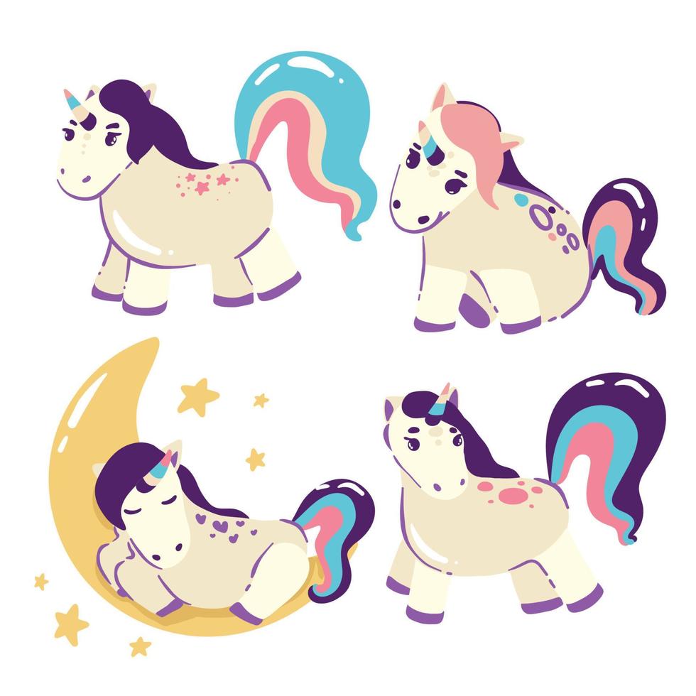 Set of Cute Cartoon Unicorns isolated on a white background vector