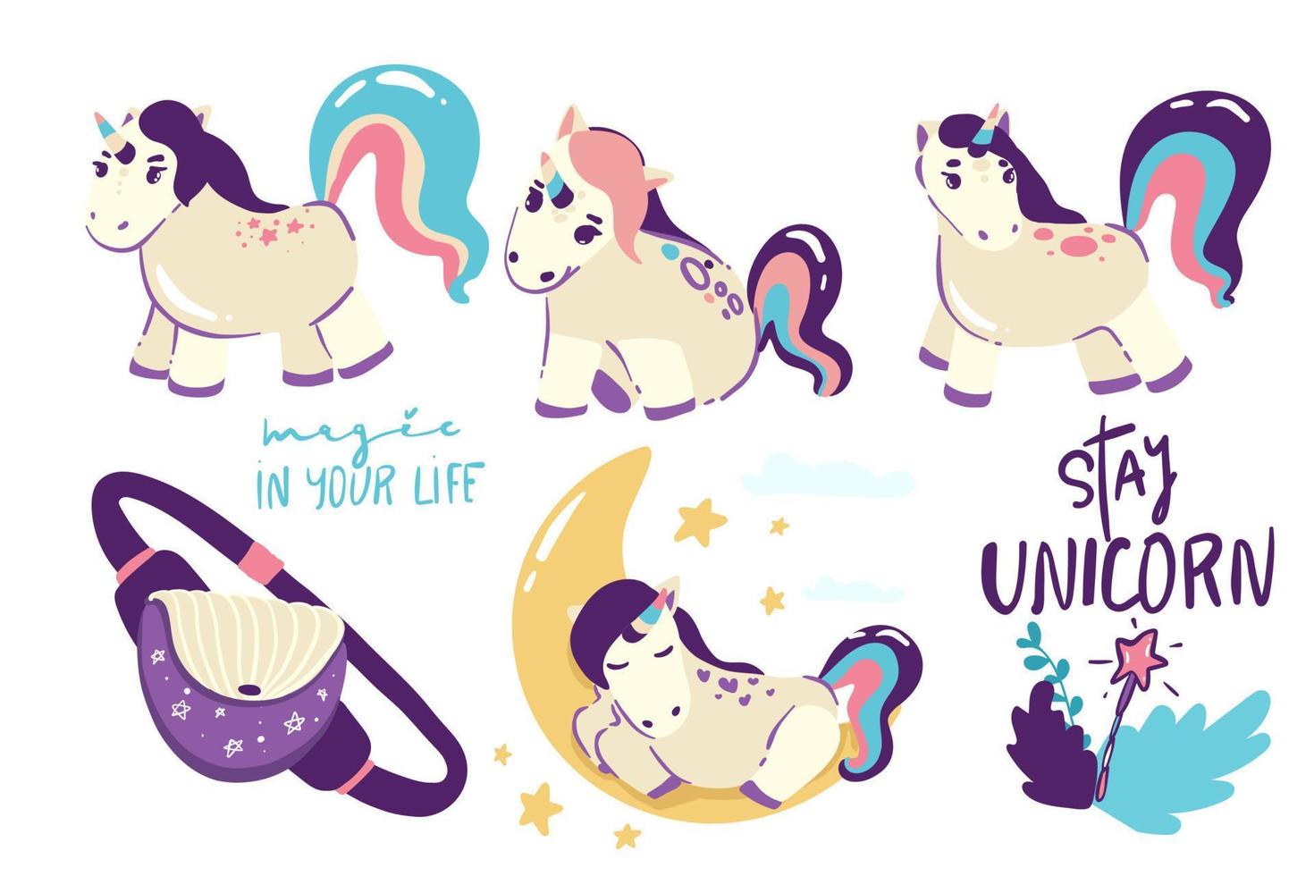 Set of Cute Cartoon Unicorns isolated on a white background, vector