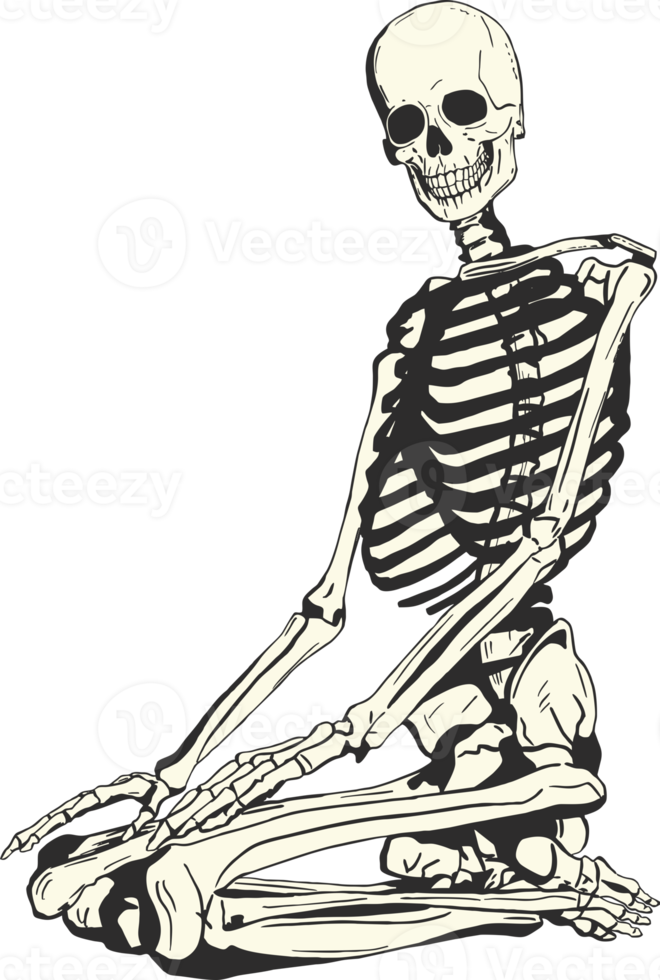 A human skeleton sitting on the floor looking towards the viewer. Easy to use Halloween graphics. png