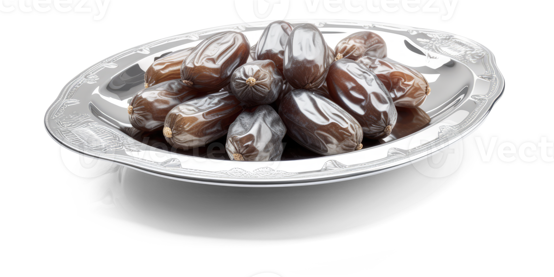 Date Fruits on a Silver Traditional Plate - png