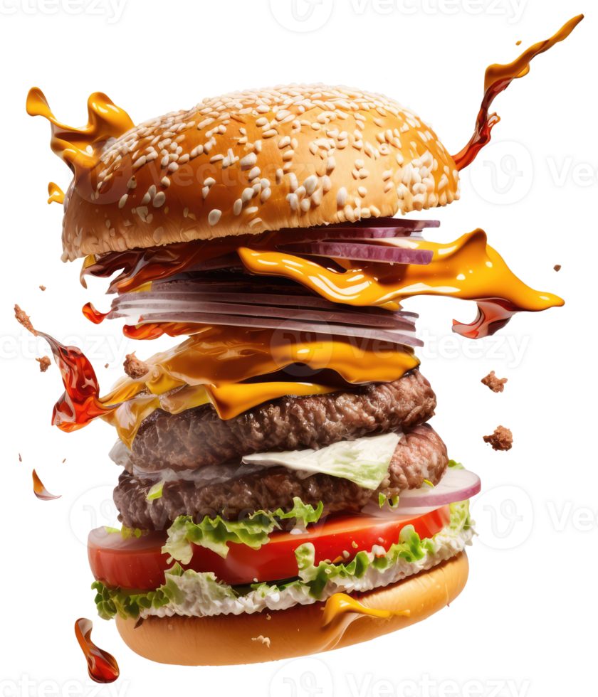 vliegend hamburger Aan een transparant achtergrond generatief ai png