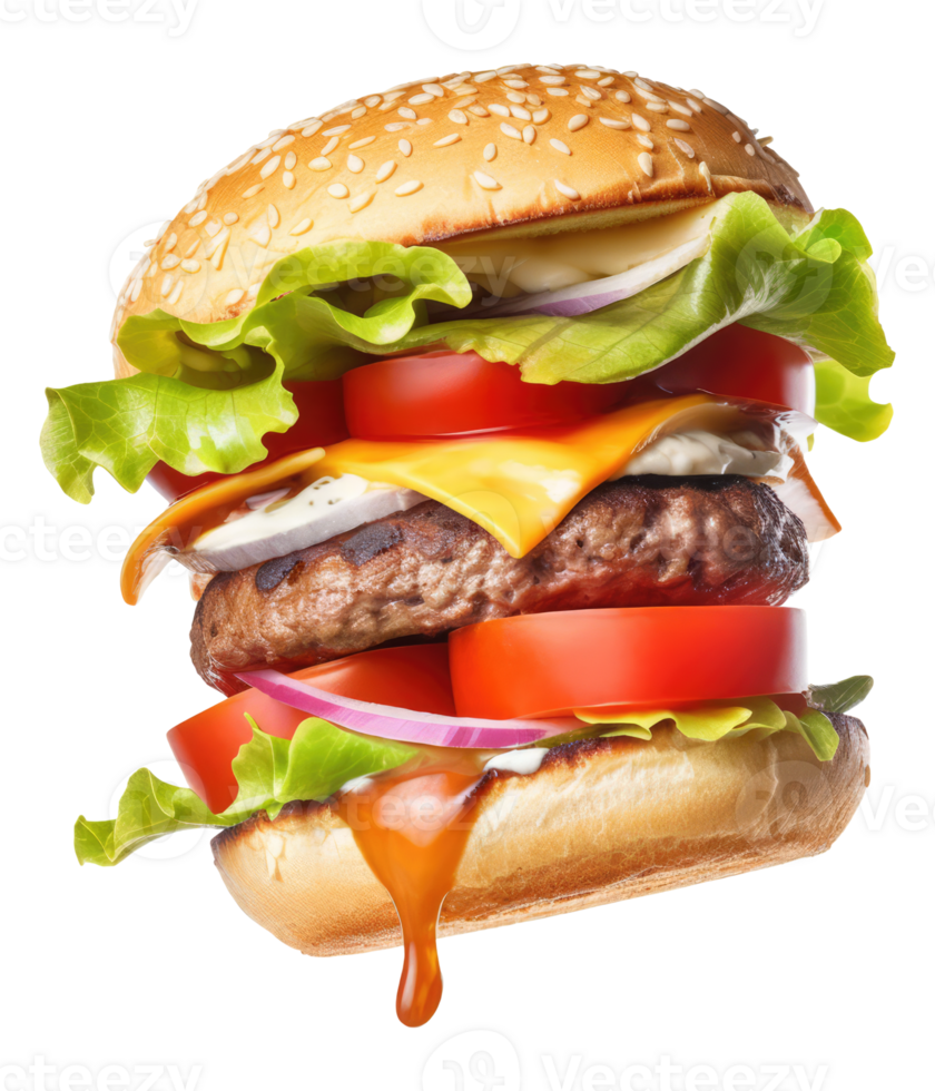 volador hamburguesa en un transparente antecedentes generativo ai png