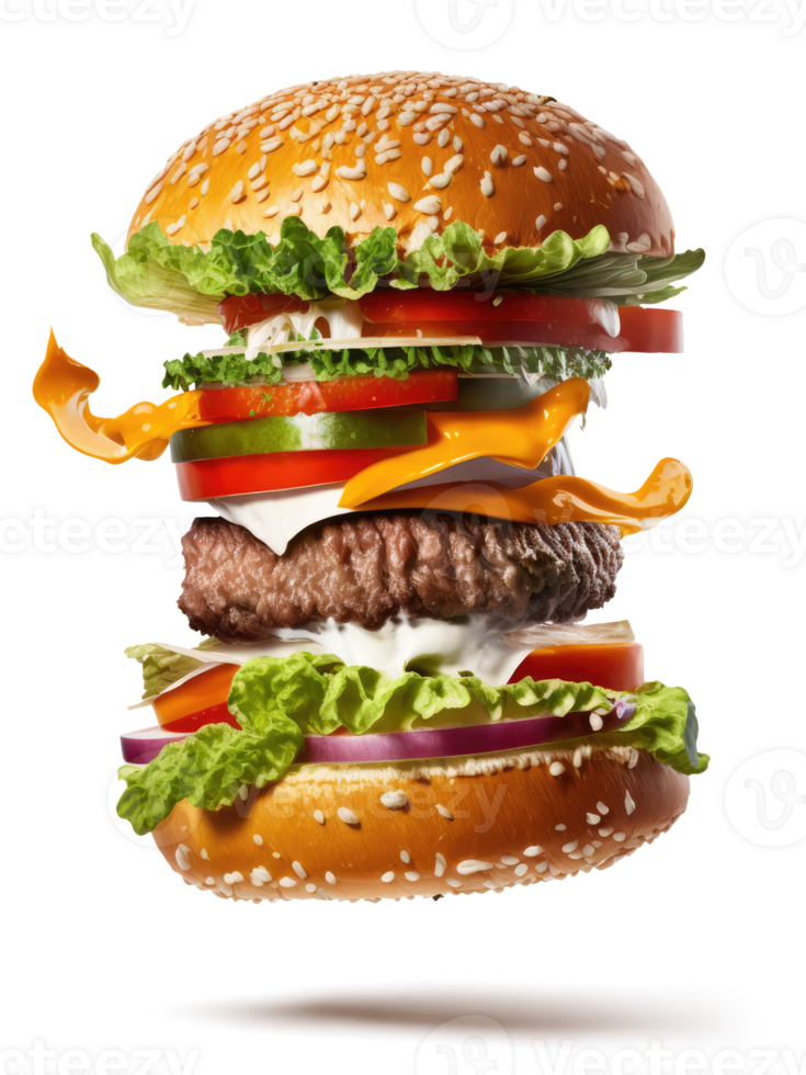 fliegend Burger auf ein transparent Hintergrund generativ ai png