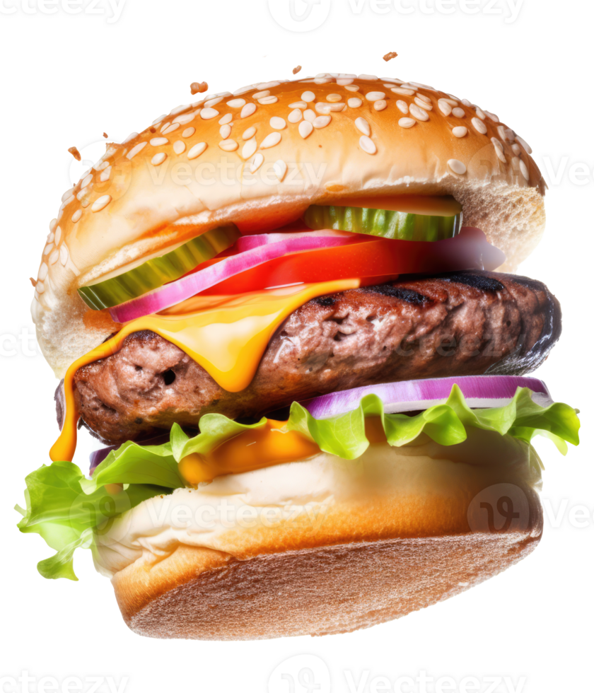 en volant Burger sur une transparent Contexte génératif ai png