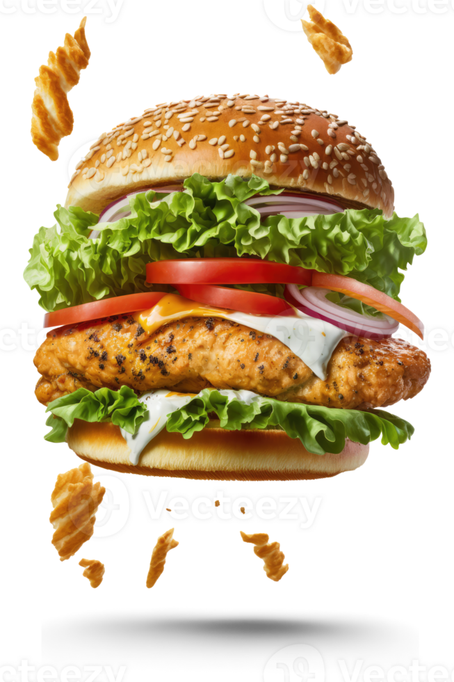 en volant Burger sur une transparent Contexte génératif ai png