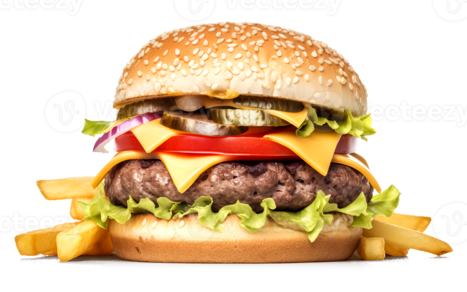 Delicious Burger with French Fries on a Transparent Background - png