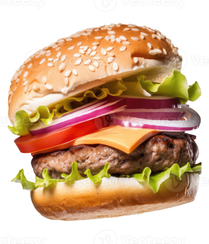 fliegend Burger auf ein transparent Hintergrund generativ ai png