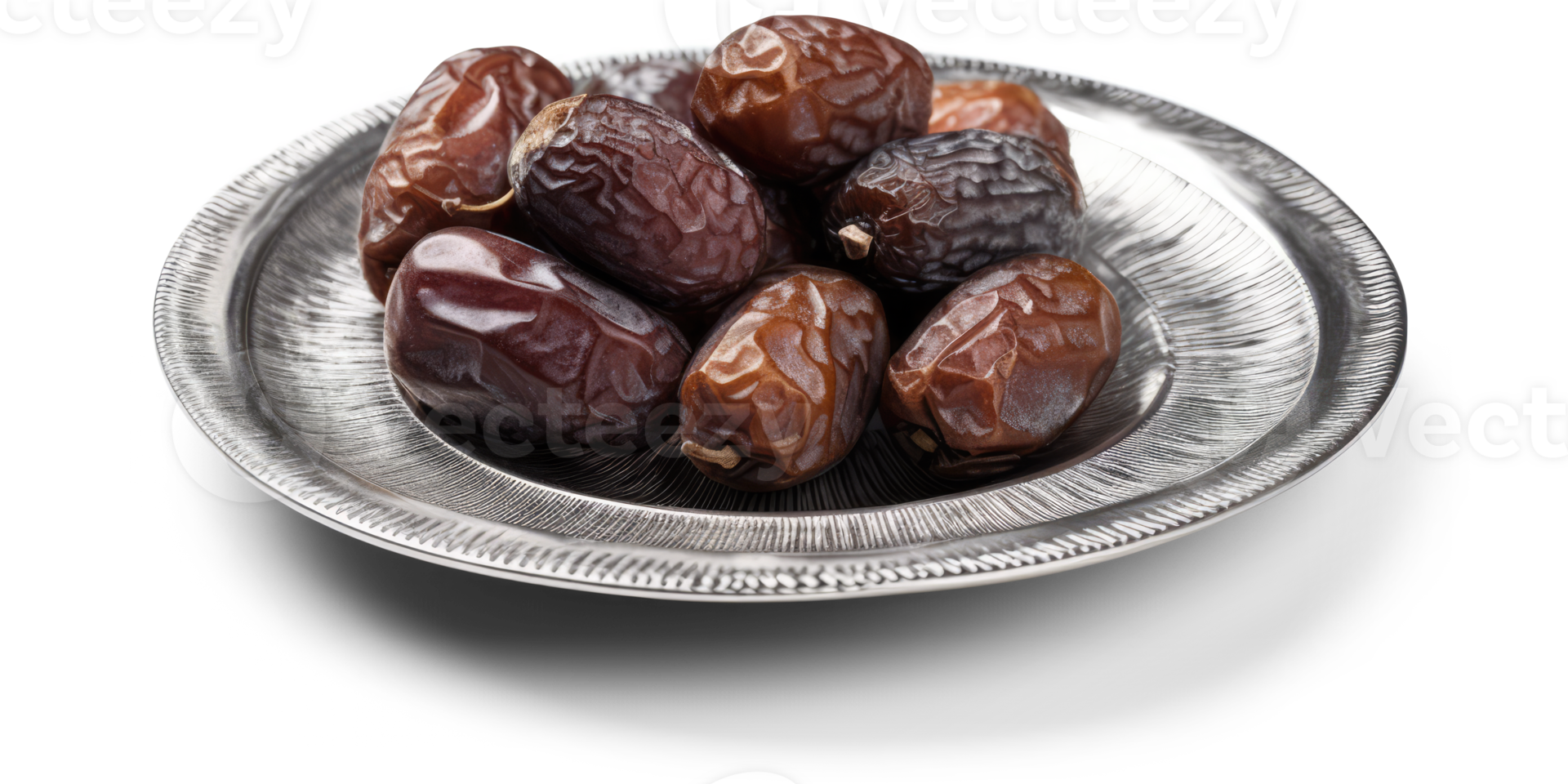 Date Fruits on a Silver Traditional Plate - png