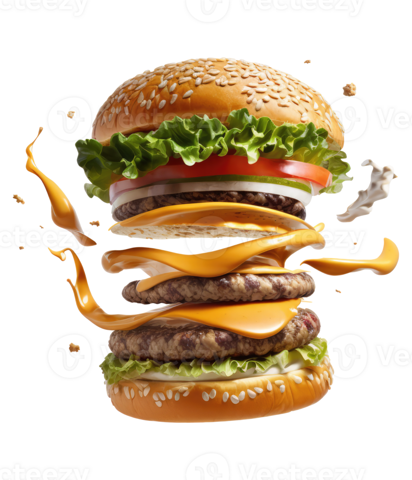 en volant Burger sur une transparent Contexte génératif ai png