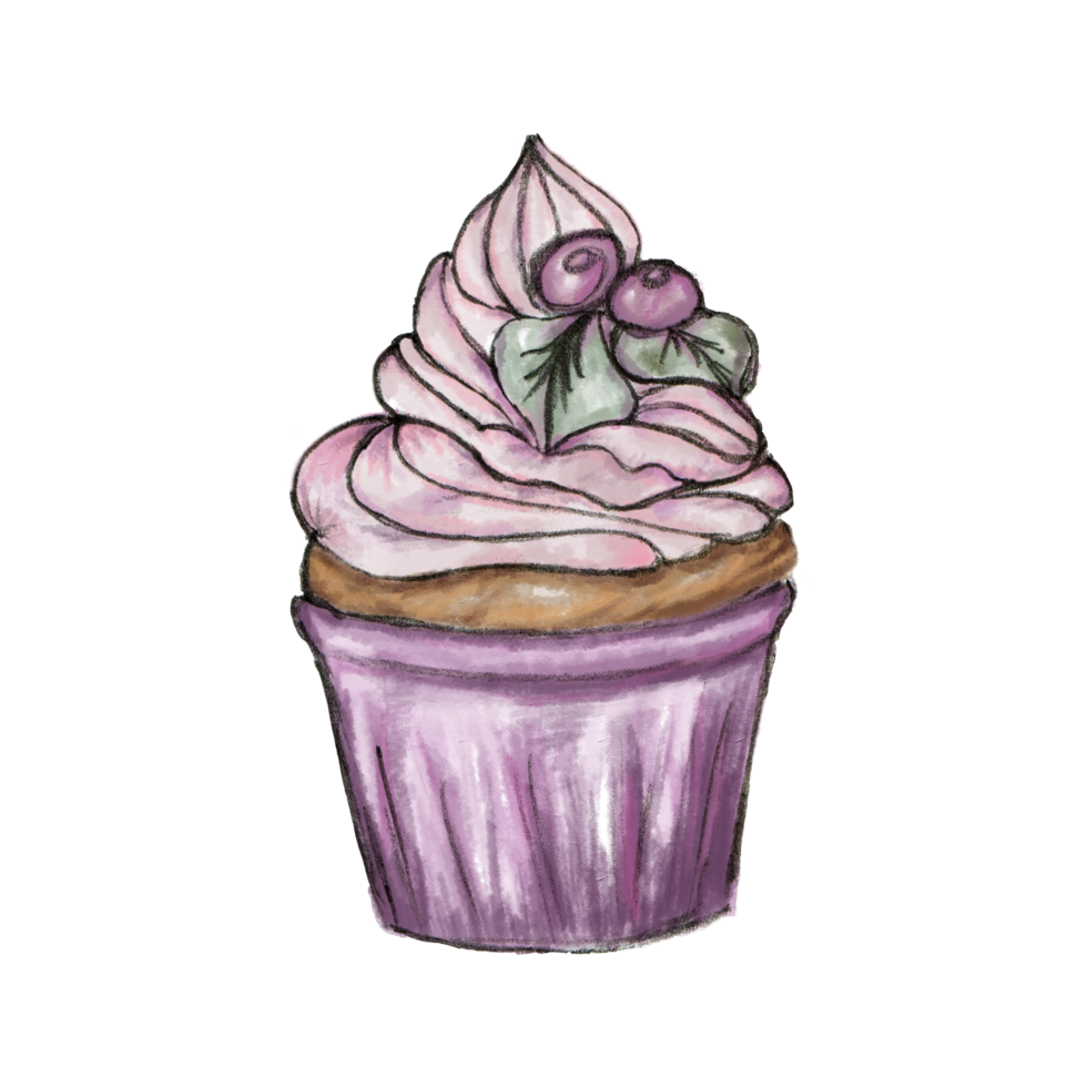 Hand drawn and colored cute blueberry cupcake. Pencil texture sketch of a cupcake on transparent background png