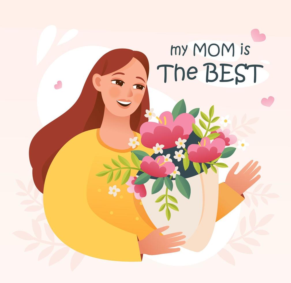 Mother's Day. A postcard for the best mom. Mom is holding a bouquet of flowers. Cartoon vector illustration