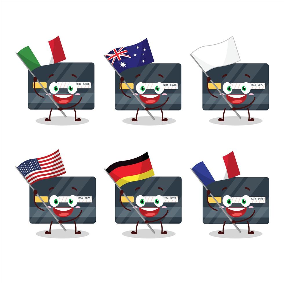 crédito tarjeta dibujos animados personaje traer el banderas de varios países vector