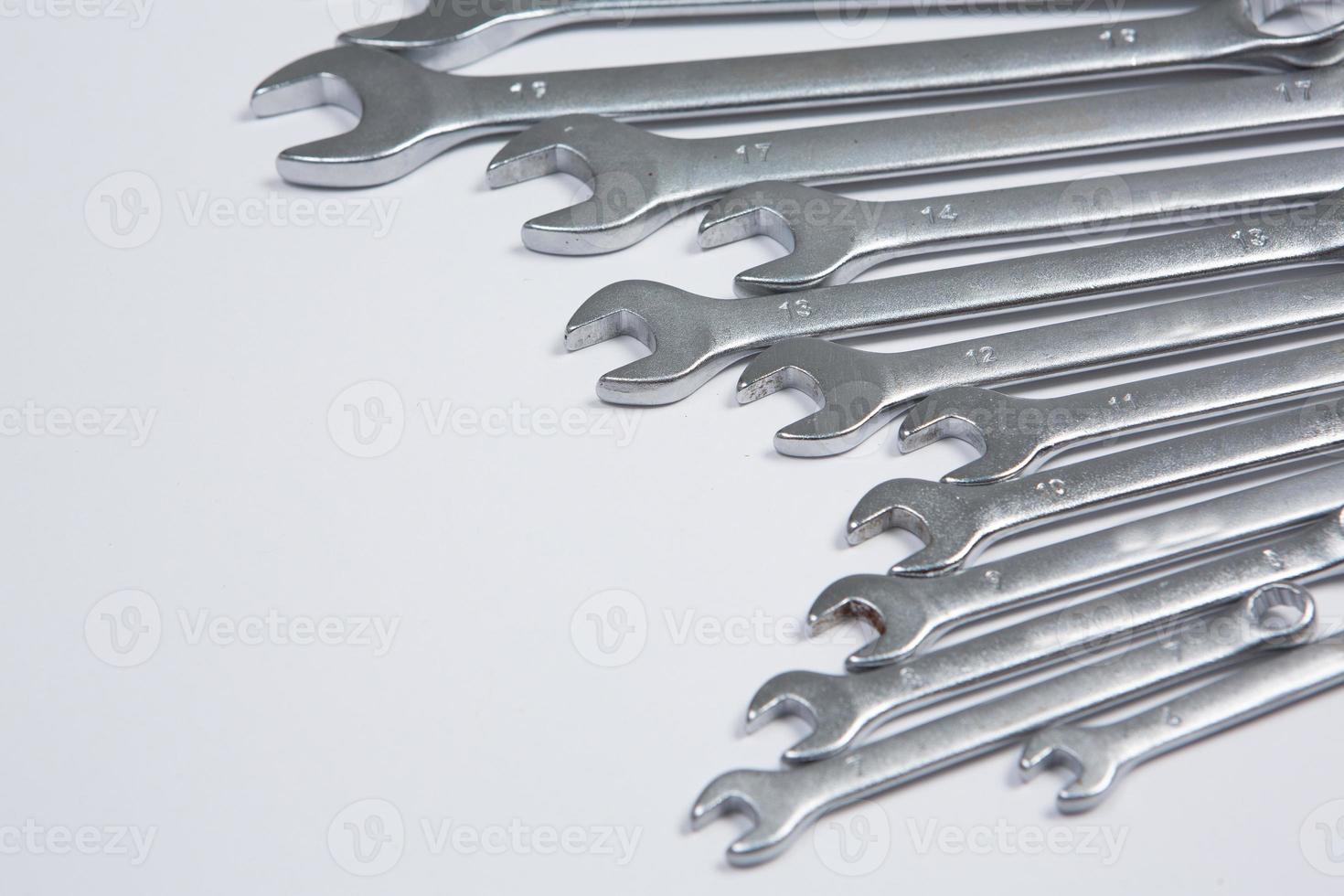 Set of tools for repair in a case on a white background. Assorted work or construction tools. Wrenches, Pliers, screwdriver. Top view photo