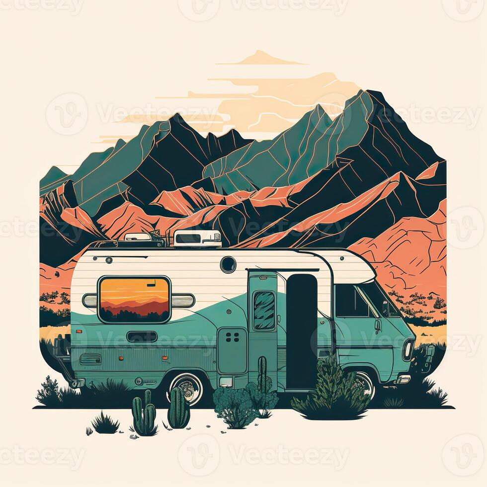 . Vintage Retro camper rv home truck. Adventure trip journy motivational poster. Can be used for decoration and inspiration. Graphic Art Illustration. photo