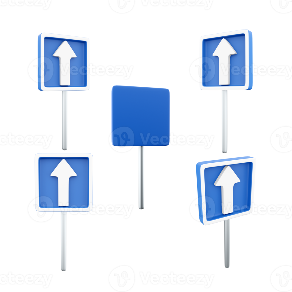 3d rendering one way road sign icon set. 3d render road sign different positions icon set. One way. png