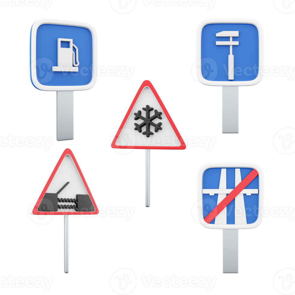 3d rendering gas station, Car maintenance, Drawbridge, End of motorway, danger slippery pavement due to ice or snow road sign icon set. 3d render road sign concept icon set. png