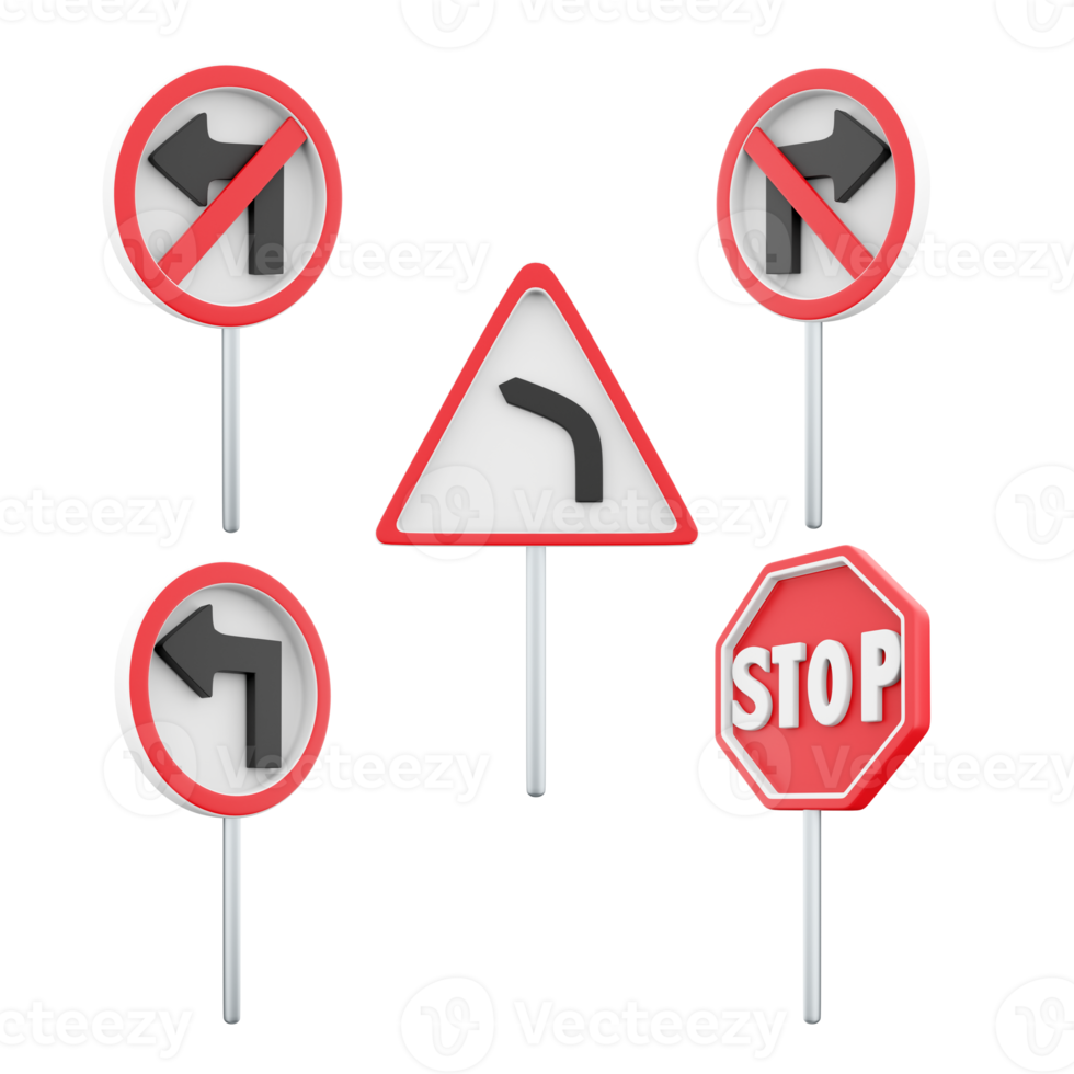 3d rendering right turn prohibited, dangerous left turn, movement without stopping is prohibited, left turn prohibited, turn left road sign icon set. 3d render road sign concept icon set. png