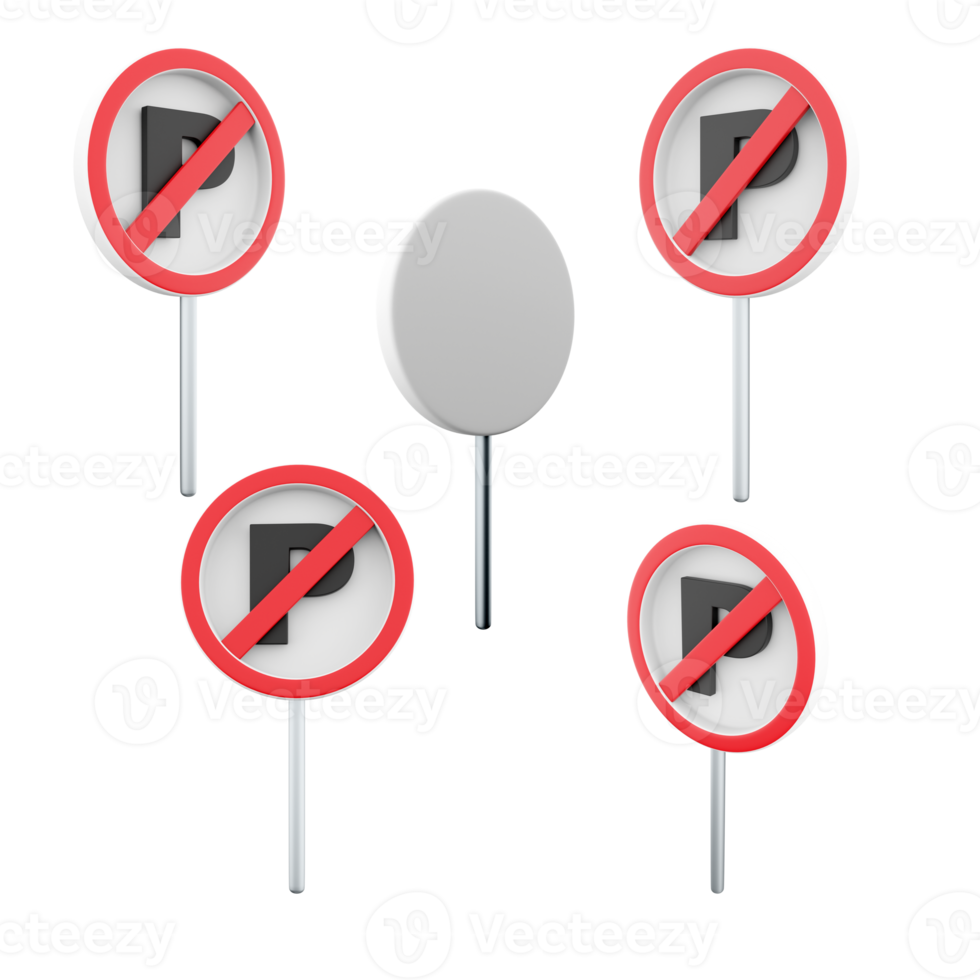 3d rendering parking ban road sign different positionc icon set. 3d render road sign concept icon set. Parking ban. png