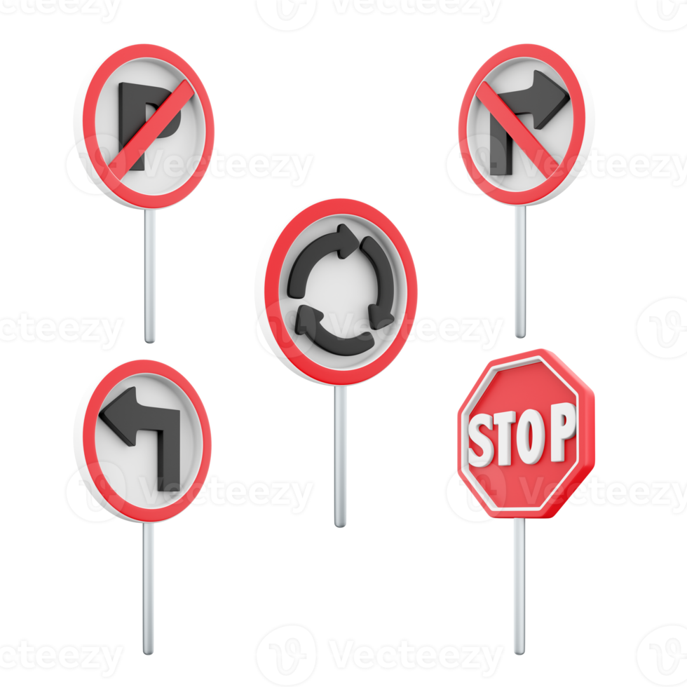 3d rendering roundabout, parking ban, turn left, Movement without stopping is prohibited, right turn prohibited road sign icon set. 3d render road sign concept icon set. png