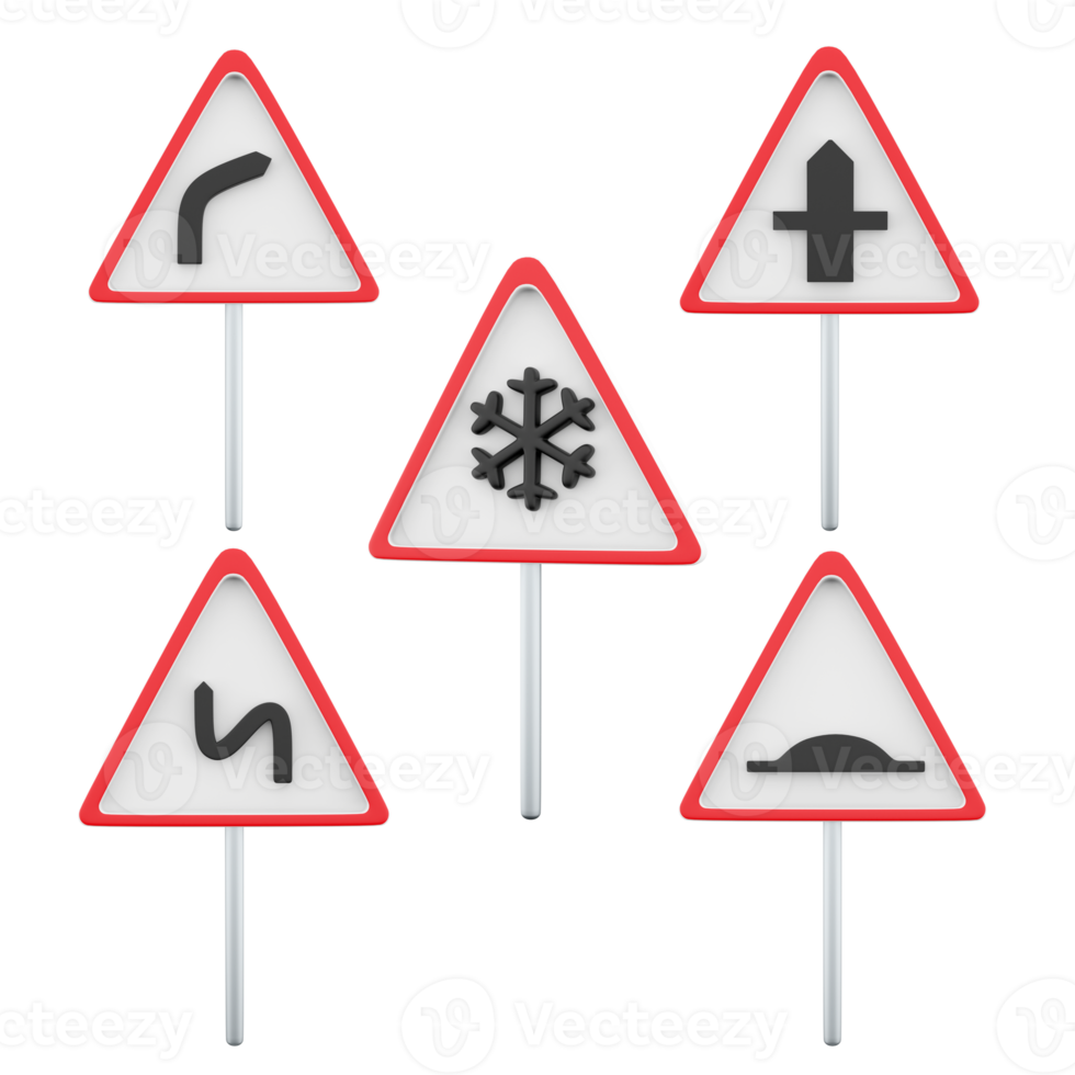 3d representación peligro resbaladizo acera, peligroso Derecha doblar, peligroso vueltas, intersección con un secundario camino, artificial desnivel la carretera canta icono colocar. 3d hacer la carretera firmar concepto icono colocar. png