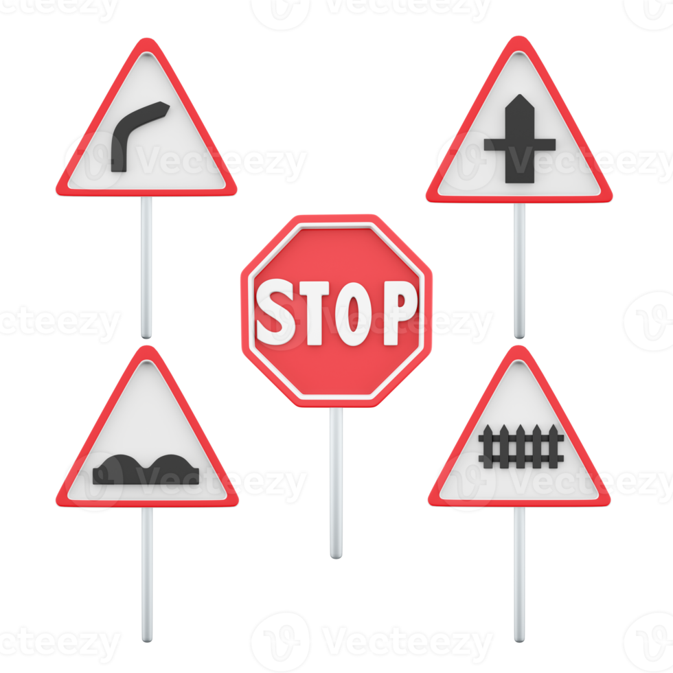 3d representación peligroso Derecha doblar, movimiento sin parada es prohibido, intersección con secundario camino, ferrocarril tren nivel cruce la carretera firmar icono colocar. 3d hacer la carretera firmar icono colocar. png