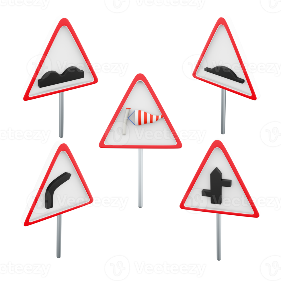 3d rendering side wind, dangerous right turn, intersection with a secondary road, artificial unevenness, rough road sign icon set. 3d render road sign concept icon set. png