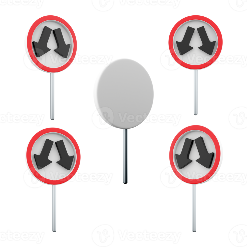 3d renderen Gaan in de omgeving van de hindernis Aan de links of Rechtsaf weg teken verschillend standen icoon set. 3d geven weg teken concept icoon set. Gaan in de omgeving van een obstakel. png