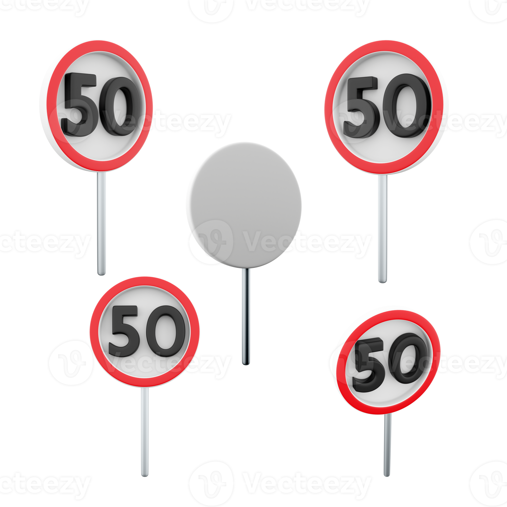 3d rendering Maximum speed limit 50 road sign different positions icon