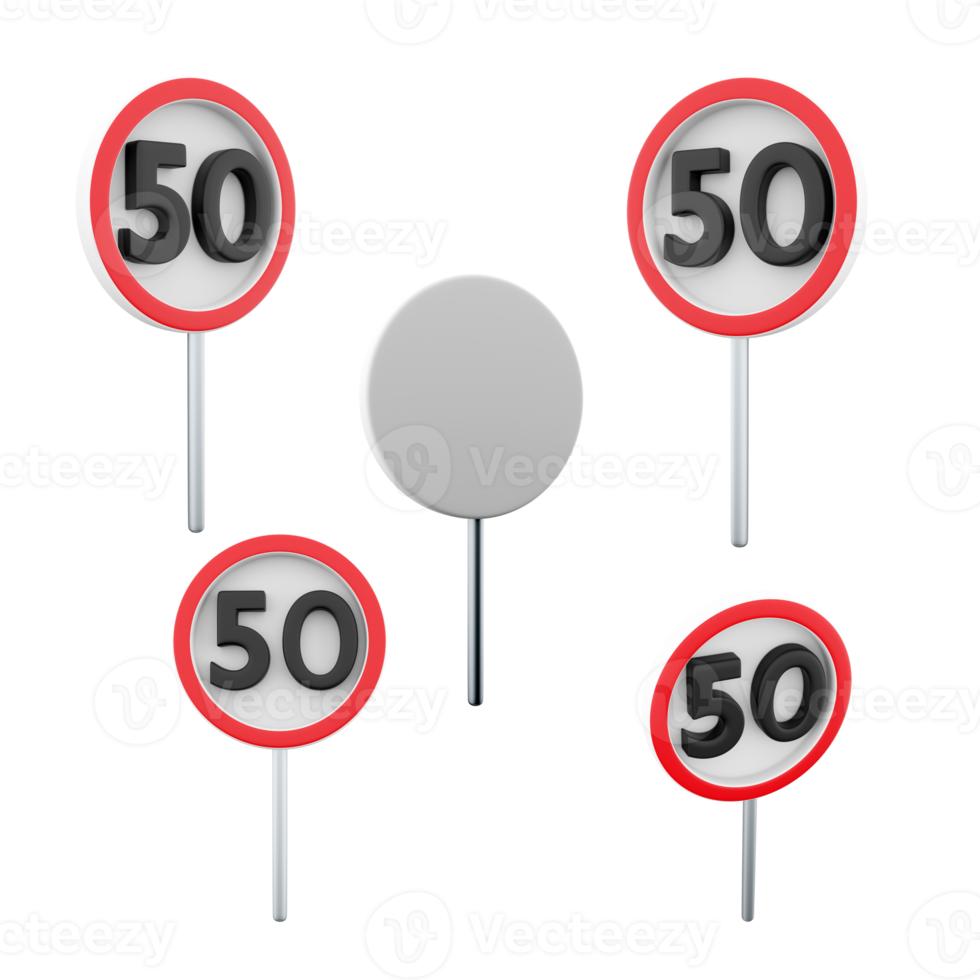 3d rendering Maximum speed limit 50 road sign different positions icon set. 3d render road sign concept icon set. Maximum speed limit. png