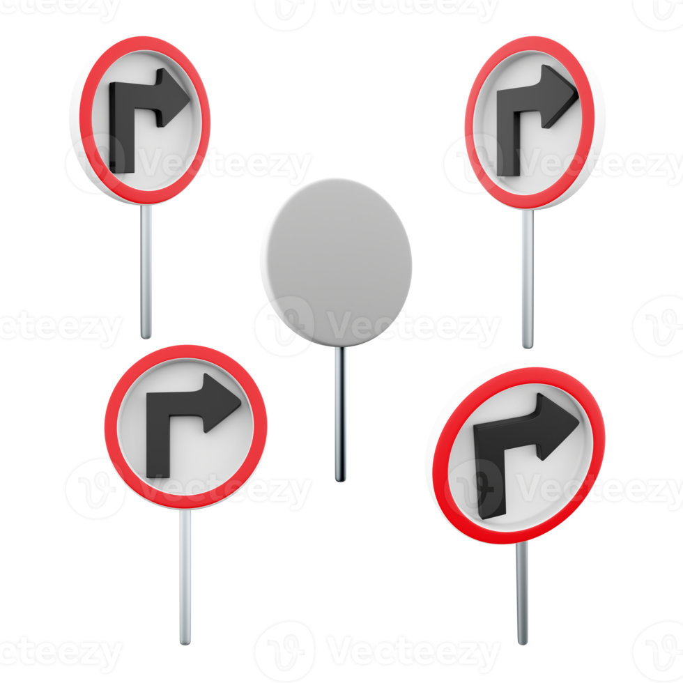 3d Rendern Wende richtig Straße Zeichen anders Positionen Symbol Satz. 3d machen Straße Zeichen Konzept Symbol Satz. Wende Rechts. png