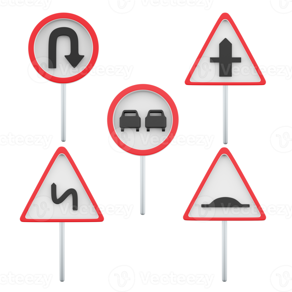 3d rendering U turn, intersection with a secondary road, dangerous turns, artificial unevenness, no overtaking road sign icon set. 3d render road sign concept icon set. png