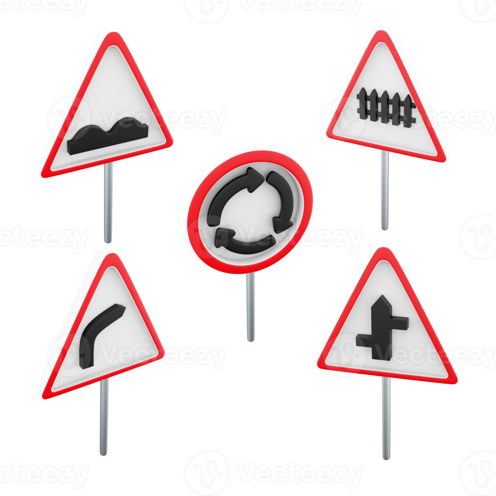 3d rendering roundabout, Railway train level crossing, intersection with a secondary, dangerous right turn, rough road sign icon set. 3d render road sign concept icon set. png