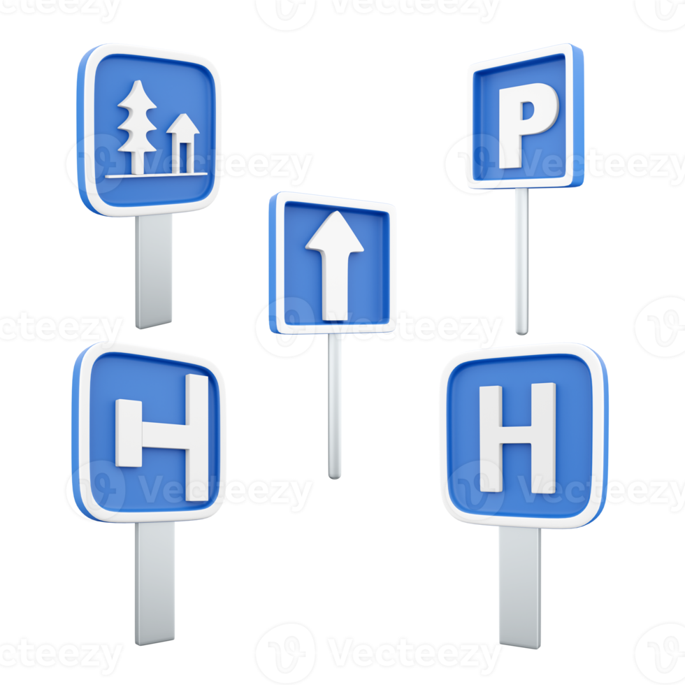 3d rendering resting place, parking place, dead end on tle left, one way, hospital road sign icon set. 3d render road sign concept icon set. png