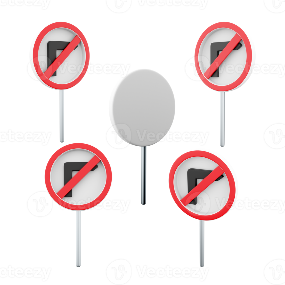 3d rendering Right turn prohibited road sign different positions icon set. 3d render road sign concept icon set. Right turn prohibited. png