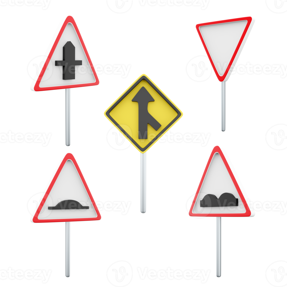 3d le rendu donner chemin, intersection avec secondaire, artificiel irrégularité, mineur route jonction, rugueux route signe icône ensemble. 3d rendre route signe concept icône ensemble. png