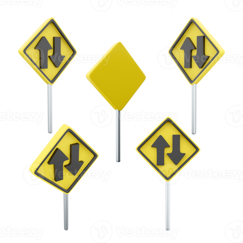 3d rendering two way traffic road sing different positions icon set. 3d render road sign concept icon set. Two way traffic. png