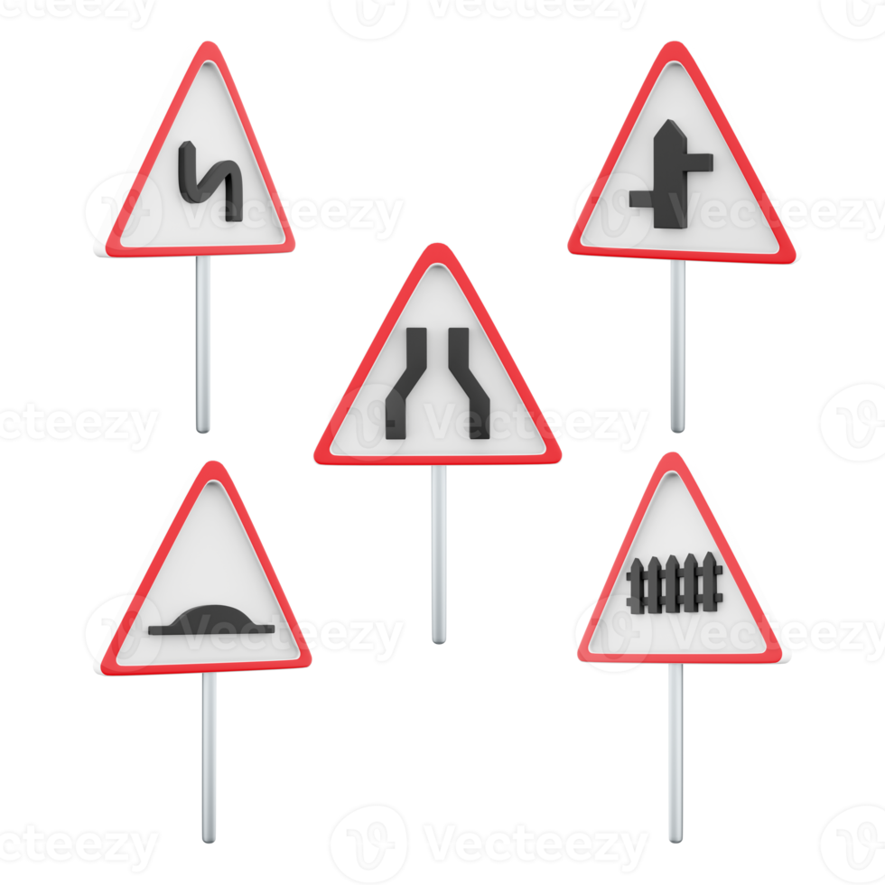 3d renderen spoorweg trein niveau kruispunt, gevaarlijk bochten met eerste links, kunstmatig oneffenheden, kruising met een ondergeschikt, weg vernauwt weg teken icoon set. 3d geven weg teken concept icoon set. png