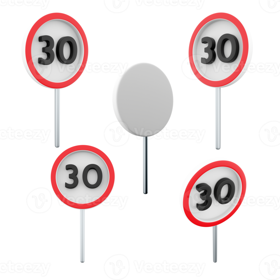 3d Rendern maximal Geschwindigkeit Grenze 30 Straße Zeichen anders Positionen Symbol Satz. 3d machen Straße Zeichen Konzept Symbol Satz. Geschwindigkeit Grenze. png