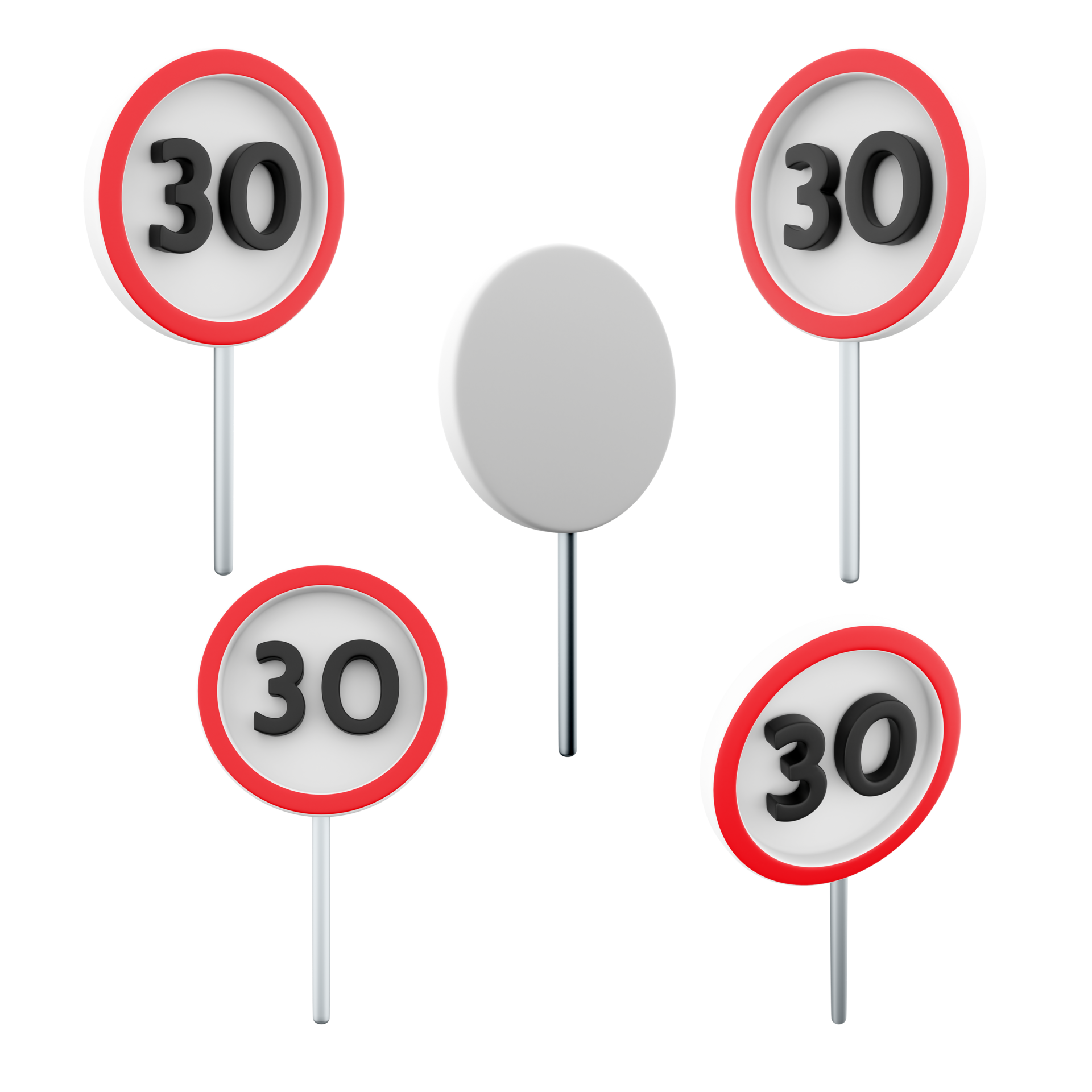 3d Rendering Maximum Speed Limit 30 Road Sign Different Positions Icon 3d-rendering-maximum-speed-limit-30-road-sign-different-positions-icon