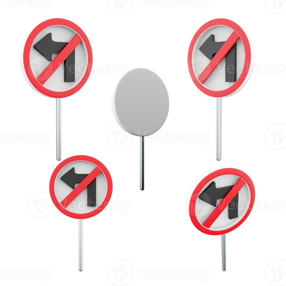 3d rendering Left turn prohibited road sign different positions icon set. 3d render road sign concept icon set. No left turn. png