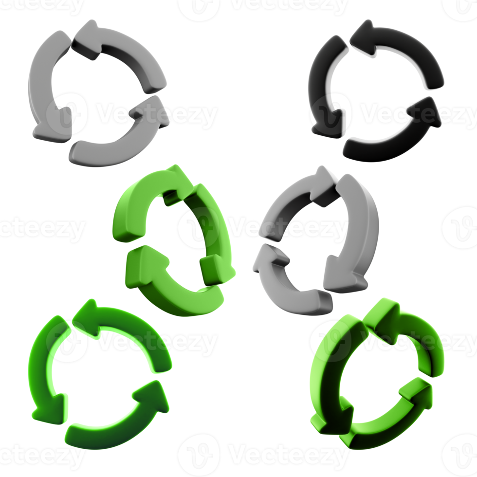 3d rendering Recycling icon set. 3d render tiangle made of green arrows different positionc icon set. Recycle. png