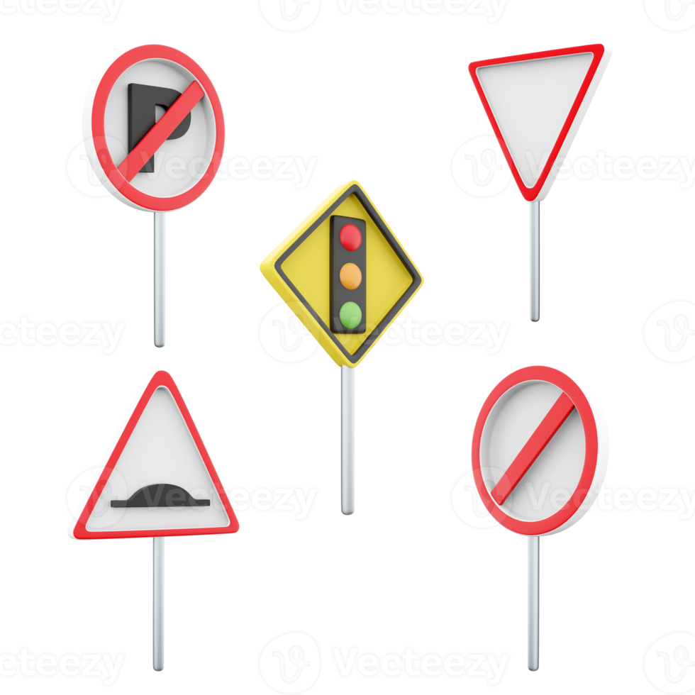 3d rendering no parking, give way, traffic light regulation, Artificial unevenness, parking ban road sign icon set. 3d render road sign concept icon set. png