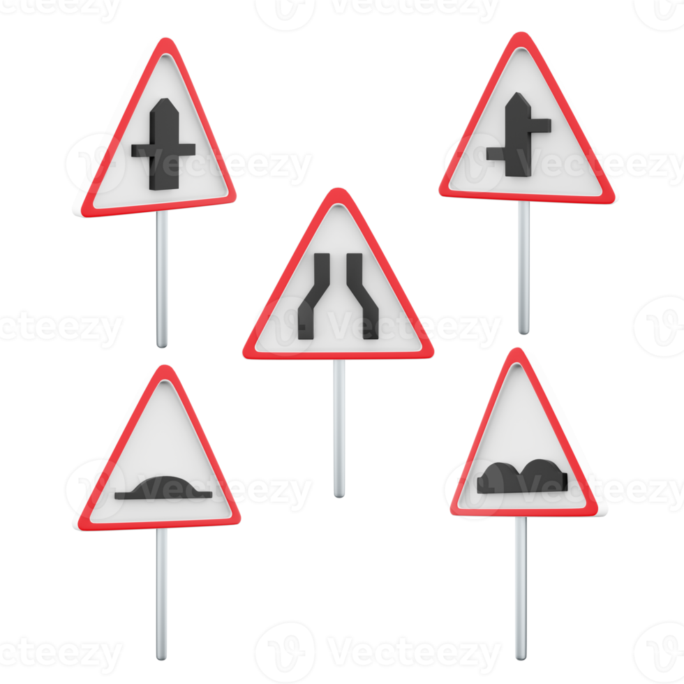 3d representación artificial desnivel, intersección con un secundario, la carretera se estrecha, áspero la carretera firmar icono colocar. 3d hacer la carretera firmar concepto icono colocar. png