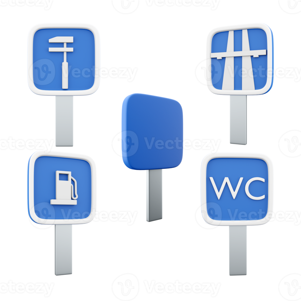 3d Rendern Autobahn, Gas Bahnhof, Toilette, Auto Instandhaltung Straße Zeichen Symbol Satz. 3d machen Straße Zeichen Konzept Symbol Satz. png