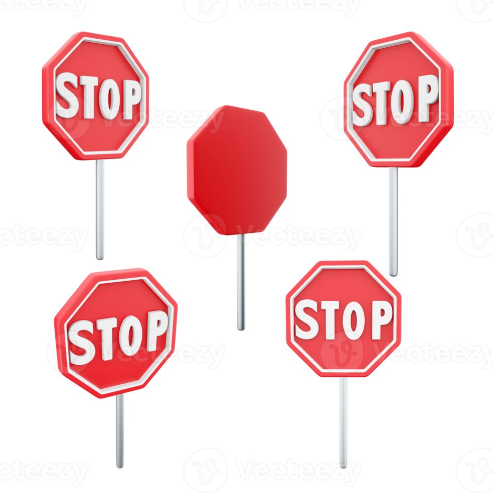 3d rendering Movement without stopping is prohibited road sign different positions icon set. 3d render road sign concept icon set. Stop png