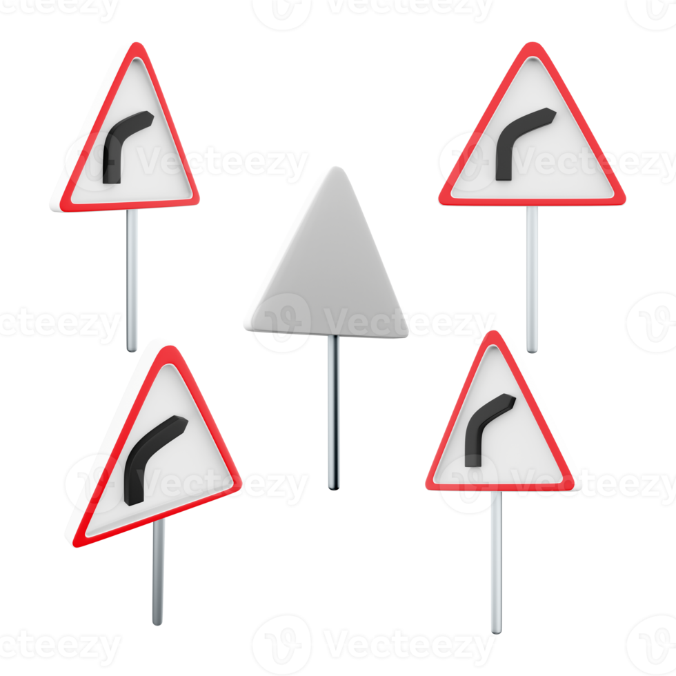 3d rendering Dangerous right turn road sign different positions icon set. 3d render road sign concept icon set. Dangerous right turn. png